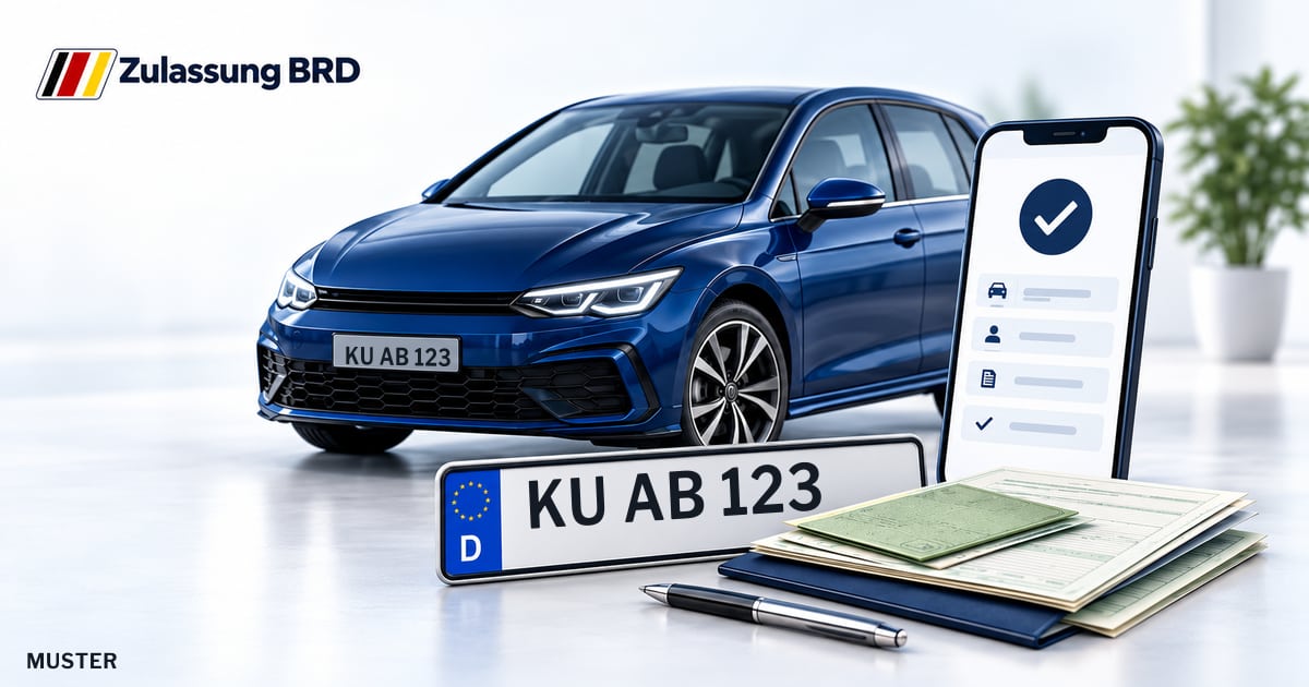 Online Fahrzeugzulassung in Kulmbach: Musterkennzeichen KU AB 123, Auto und Fahrzeugpapiere und Smartphone. Illustration mit Logo von Zulassung BRD.
